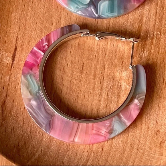 2 LEFT! Acrylic Pink & Blue Marbled Hoop Earrings - Picture 2 of 3